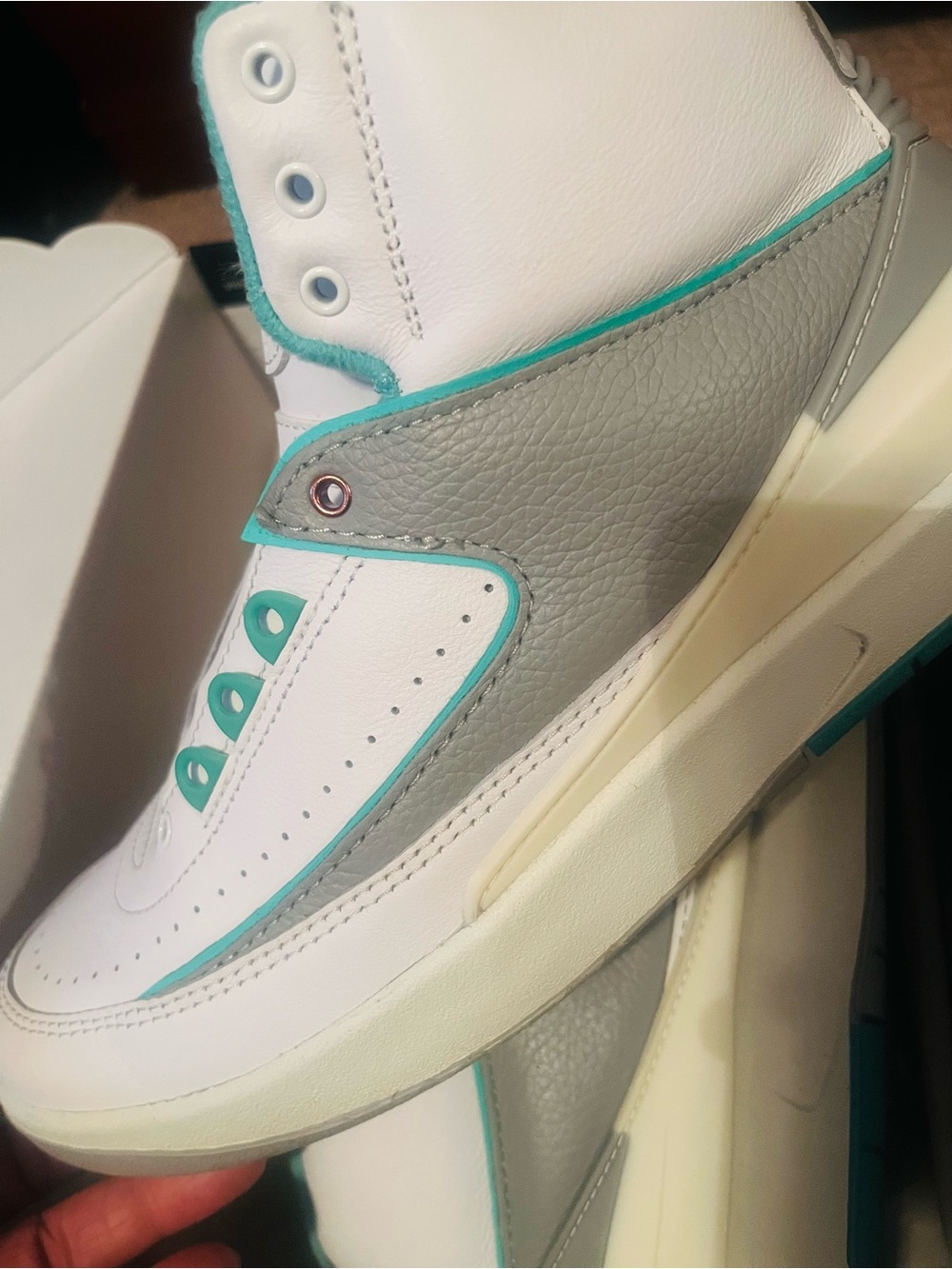 White & Gray Leather High-Top Sneakers with Teal Accents